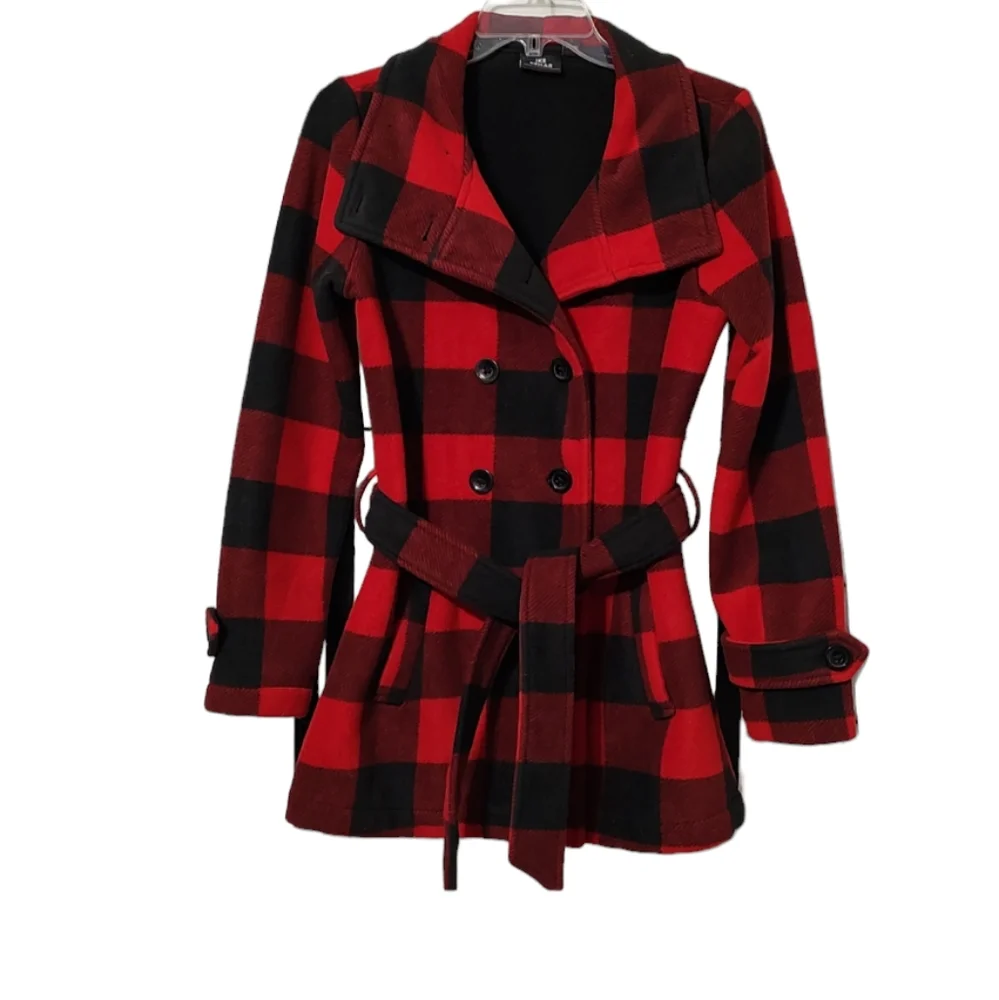 Red & Black Buffalo Plaid Ike Behar Fleece Coat with Belt sz Small - Picture 1 of 7